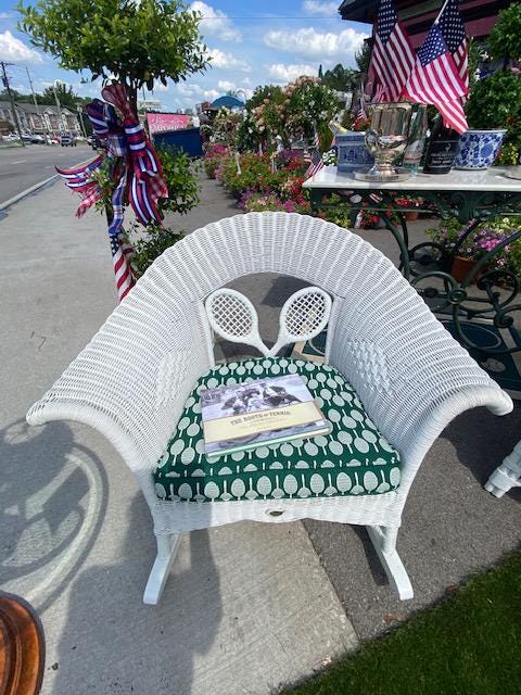 Rare Henry Link Wicker Wimbledon Collection of 13 Pieces Beautiful Pastry Table Marble Top Iron Base with the Wimble Championship Emblem