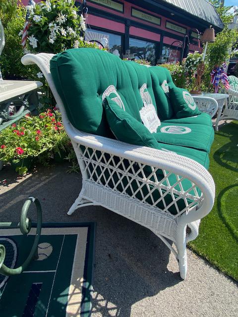 Rare Wicker Wimbledon Collection By Henry Link o 13 Pieces 3 Seater Sofa & Cushions with Wimbledon Emblem