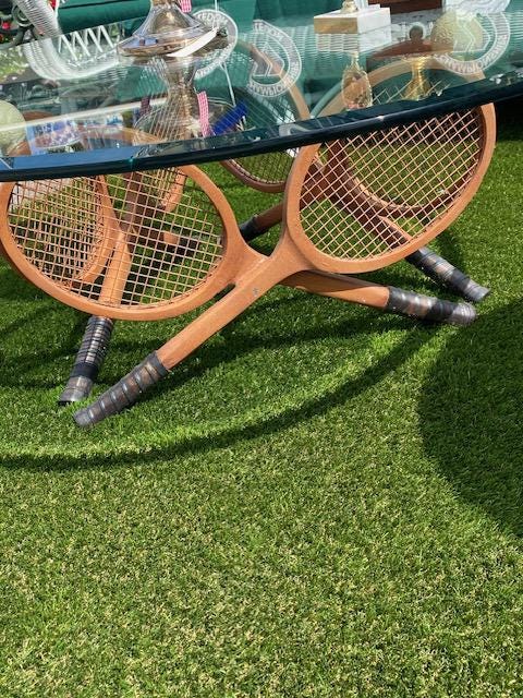 Rare Henry Link Wicker Wimbledon Collection of 13 Pieces Coffee Table with Glass Top Tennis Racquet Metal Base