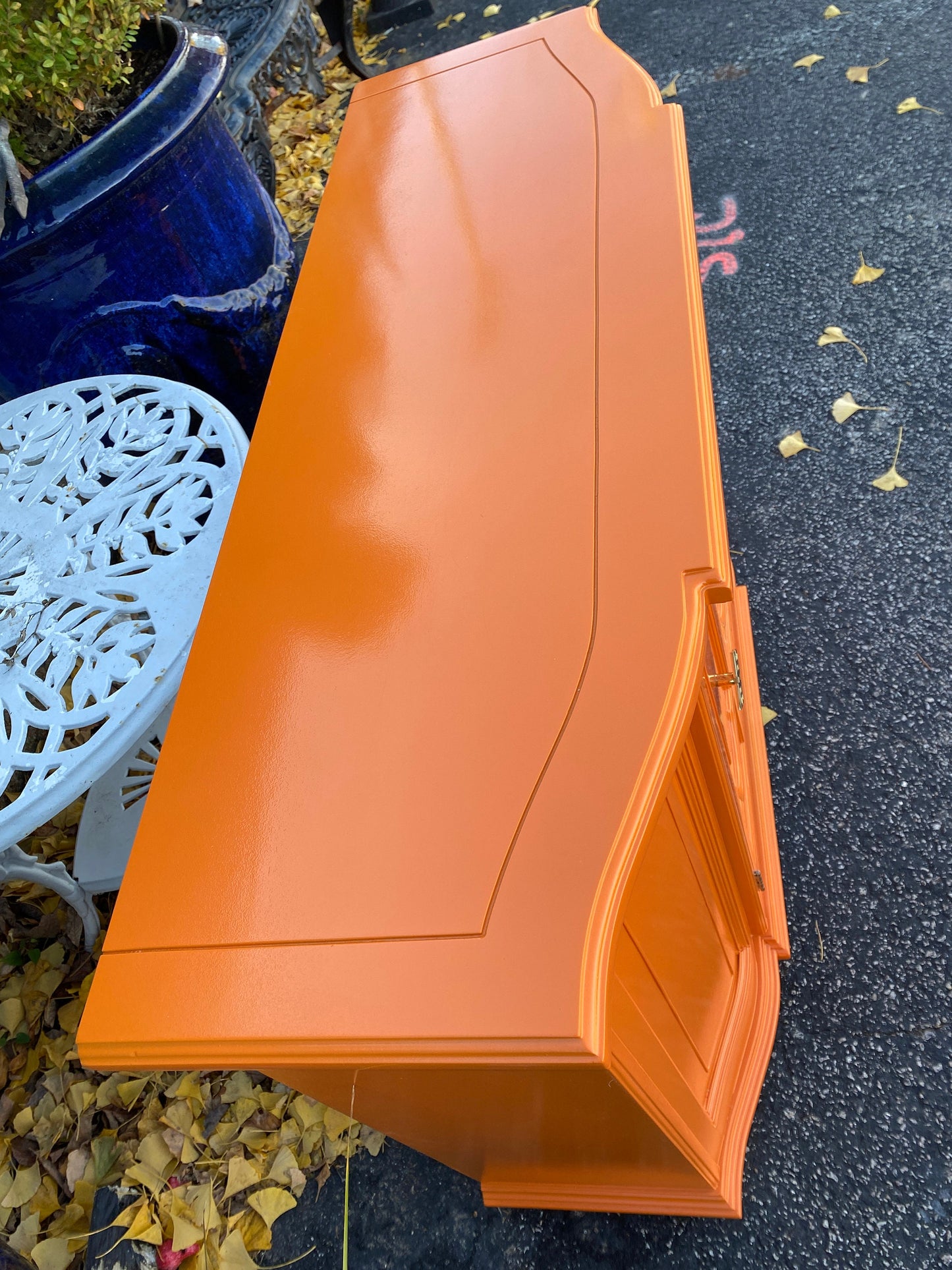 SOLD Beautiful Lacquered Hermes Orange Console w Modern Matter Hardware