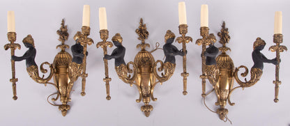 Set of Three 1930s Hollywood-Regency Style Double Arm Wall Sconces