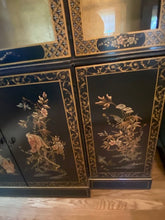 SALE! A PAIR !! Rare ! Elegant Mid Century Drexel Heritage Asian Chinoiserie Black Lacquered & Gold Gilt China Cabinet/ Breakfronts