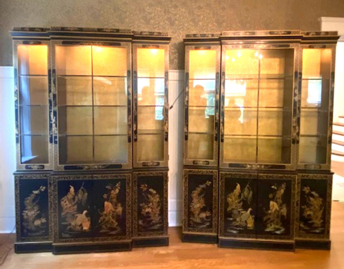 SALE! A PAIR !! Rare ! Elegant Mid Century Drexel Heritage Asian Chinoiserie Black Lacquered & Gold Gilt China Cabinet/ Breakfronts