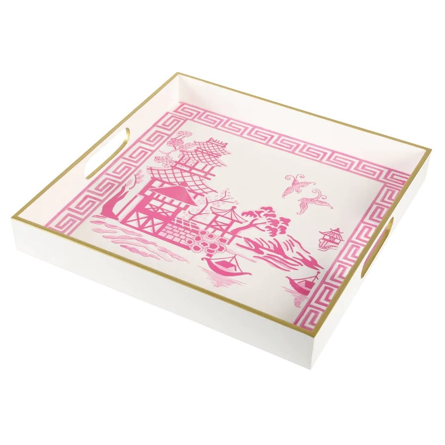 Chinoiserie Pink Pagoda Square Tray