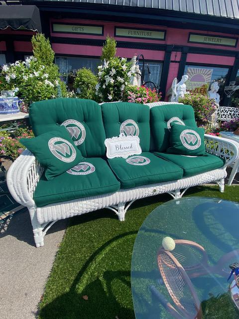 Rare Wicker Wimbledon Collection By  Henry Link o 13 Pieces 3 Seater Sofa & Cushions with Wimbledon Emblem