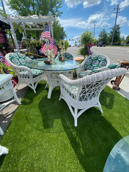 Rare  Henry Link Wicker Wimbledon Collection of 13 Pieces Glass Top 4 Chairs and the Wimbledon Cushions Each Piece has the Emblem