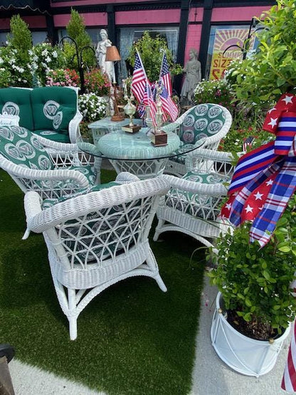 Rare  Henry Link Wicker Wimbledon Collection of 13 Pieces Glass Top 4 Chairs and the Wimbledon Cushions Each Piece has the Emblem