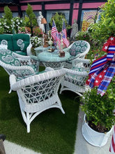 Rare  Henry Link Wicker Wimbledon Collection of 13 Pieces Glass Top 4 Chairs and the Wimbledon Cushions Each Piece has the Emblem