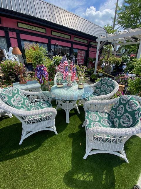 Rare  Henry Link Wicker Wimbledon Collection of 13 Pieces Glass Top 4 Chairs and the Wimbledon Cushions Each Piece has the Emblem