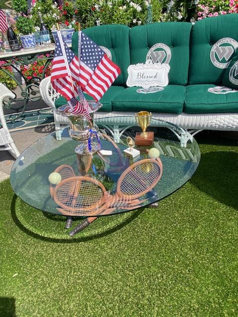 Rare  Henry Link Wicker Wimbledon Collection of 13 Pieces Coffee Table with Glass Top Tennis Racquet Metal Base