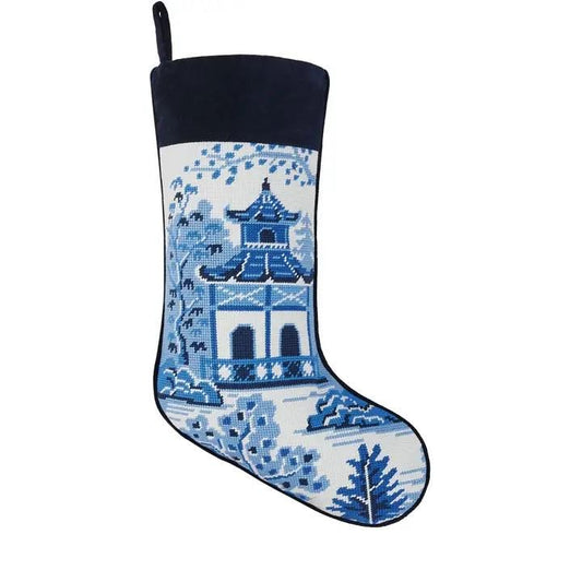 Chinoiserie Pagoda Embroidered Needlepoint Stocking