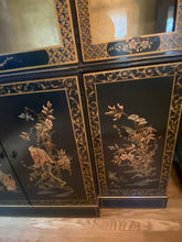 A PAIR !! Rare ! Elegant Mid Century Drexel Heritage Asian Chinoiserie Black Lacquered & Gold Gilt China Cabinet/ Breakfronts