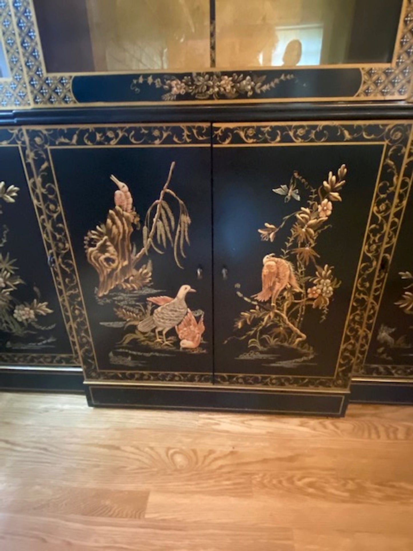 A PAIR !! Rare ! Elegant Mid Century Drexel Heritage Asian Chinoiserie Black Lacquered & Gold Gilt China Cabinet/ Breakfronts