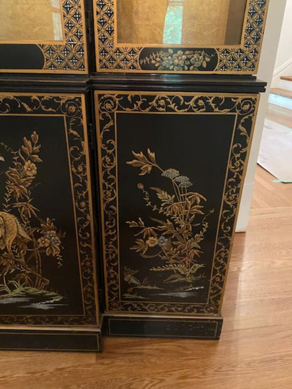 Mid-Century Drexel Heritage Asian Chinoiserie Black Lacquered & Gold Gilt China Cabinet/Breakfronts