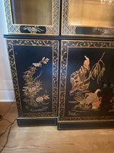 A PAIR !! Rare ! Elegant Mid Century Drexel Heritage Asian Chinoiserie Black Lacquered & Gold Gilt China Cabinet/ Breakfronts