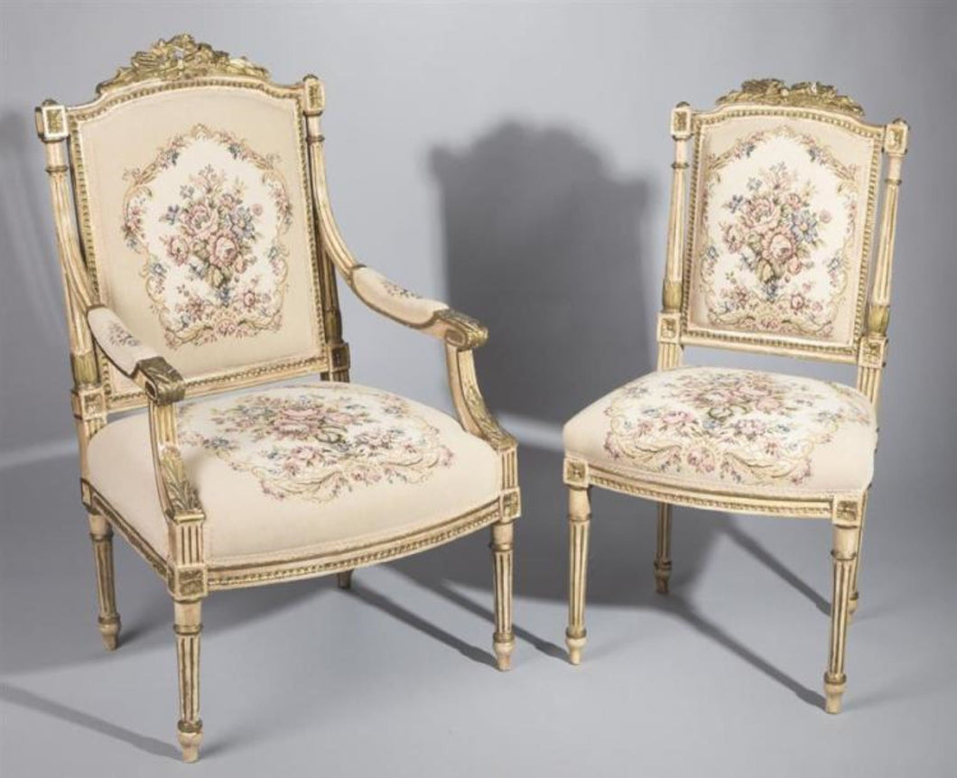 Antique Parlor Set, French, Louis XV Style Parcel Gilt, 7 Piece