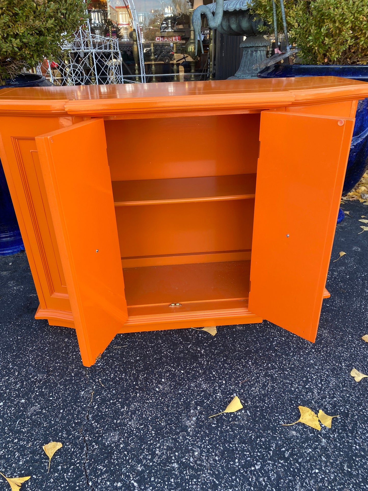 SOLD Beautiful Lacquered Hermes Orange Console w Modern Matter Hardware