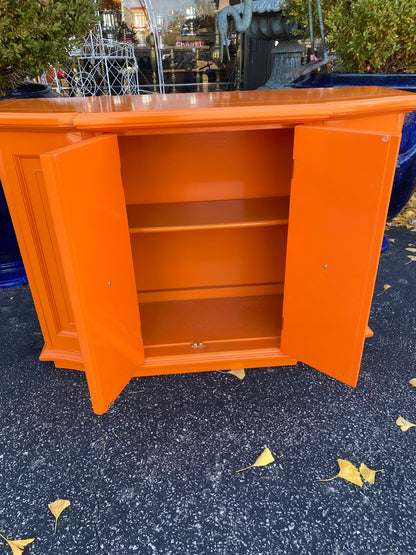 SOLD Beautiful Lacquered Hermes Orange Console w Modern Matter Hardware