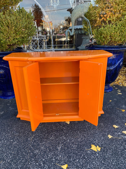 SOLD Beautiful Lacquered Hermes Orange Console w Modern Matter Hardware